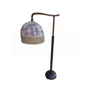 Adjustable Wooden Floor Lamp With Fabric Shade, Early 1900s. Original And Working.