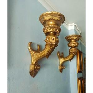 Large Antique Pair Of Gilded Wood Sconces