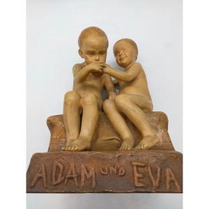 Friedrich Goldscheider, Adam And Eve, Colored Ceramic, Signed Jaray