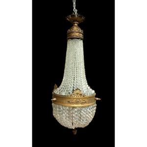 Lustre Montgolfière Bronze Antique Cristal Empire 19ème Siècle