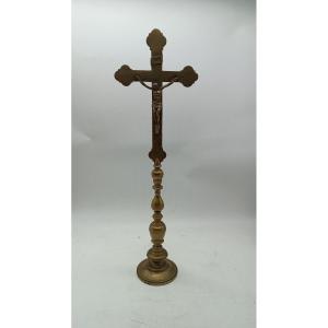 Ancient Bronze Candlestick Cross Crist