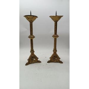 Pair Of 19th Century Neo-gothic Style Gilded Bronze Candlesticks 35 Cm