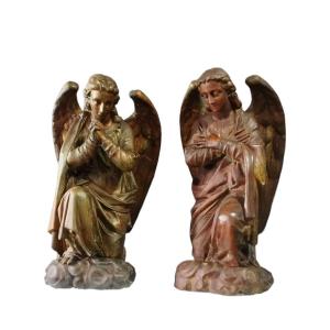 Pair Of Large 19th Century Stucco And Copper Angels  H.100 Cm