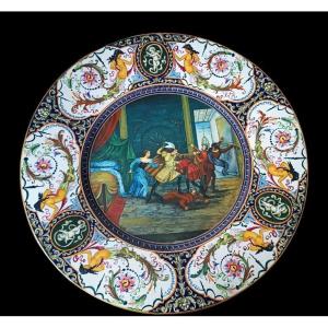 Very Large Majolica Parade Plate From The 1920s Faenza Giuseppe Fiumi - 57 Cm