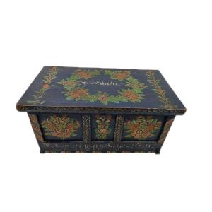 Beautiful Original 19th Century Jewelery Box In Softwood Painted With Floral Motifs, 