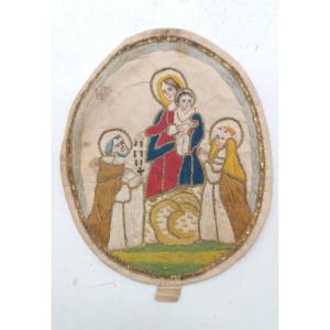 Antique Ex Voto Embroidered Silk Scapular Madonna With Saints 18th Century
