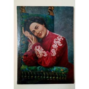 Peinture à l'Huile Ancienne Sur Toile Du Début Des Années 1900, Portrait Féminin