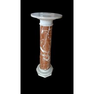 Large Column In Red Verona And White Carrara Marble, 19th Century