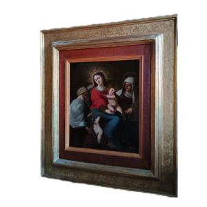 Exceptional Painting On Copper - Madonna With Child And Saint John - Antique Frame -