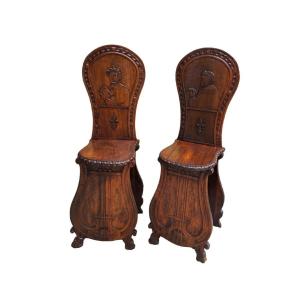 Paire De Chaises Ornementales Florence Fin 19ème Siècle Bois Sculpté