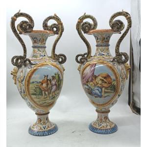 Paire De Vases Maïolique Peints Ancienne 19ème Siècle Fabrication Mollica