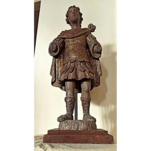 Sculpture Depicting St. Michael - Polychrome And Gilded Wood - 16th Century Italy