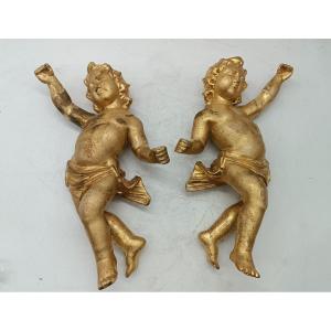 Ancient Pair Of Golden Wooden Angels