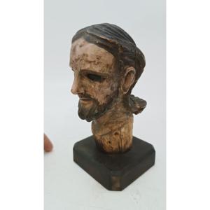 Ancient Sculpture Head Of Christ In Polychrome Wood 18th Century Italy