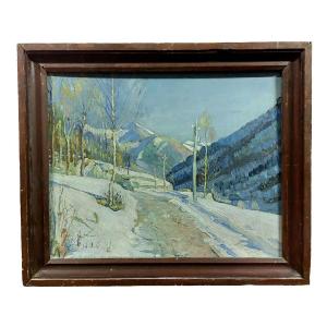 Giuseppe Sobrile Oil On Table 1932 Snowy Road Signed