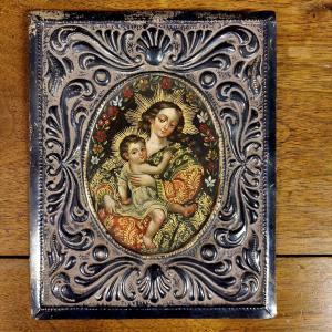 Old Silver Painting Of The Virgin And Child,