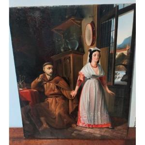 Old Painting Oil On Canvas Gallant Scene Romanticism Epoque XIX Century Italy