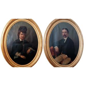 Pair Of Large Oil Paintings - Portraits - Gilded Wood Frames