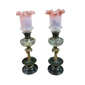 Pair Of Antique Oil Lamps In Gilded Bronze. 19th Century Marble. Opal Glass