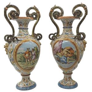Paire De Vases Maïolique Peints Ancienne 19ème Siècle Fabrication Mollica