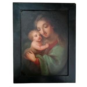 Peinture Ancienne Sur Cuivre - Vierge à l'Enfant - école Italienne