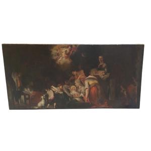 Large 19th Century Painting Of The Nativity With Characters Oil On Canvas 150 Cm