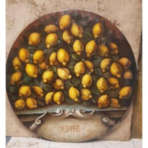 Peinture à l'huile sur toile, citrons, style XVIIe siècle, peintre italien - XX siecle