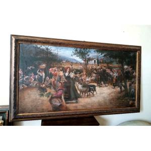 Large Oil On Canvas From The Early 1900s Depicting A Village Festival In Southern Italy.