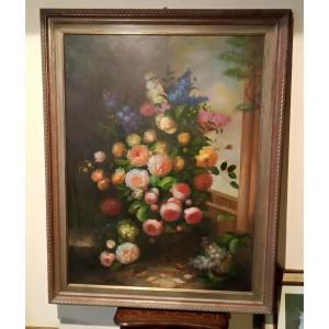 Grande peinture à l'huile sur toile nature morte fleurs Arcangelo Monzio Compagnoni