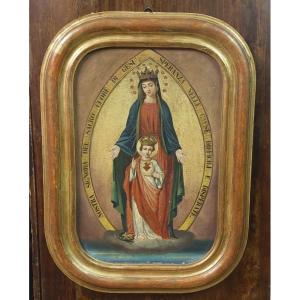 TABLEAU SUR TOILE MADONE À L'ENFANT CADRE DORÉ ORIGINAL XIXème SIÈCLE