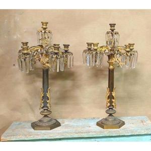 Paire d'Importants Grands Bougeoirs à Six Lumières En Bronze Dore'