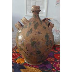 Antique Glazed Terracotta Pilgrim's Flask, 19th Century