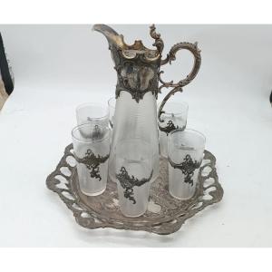 Tray With Carafe And 6 Glasses, Glass And Silver-plated Metal, Art Nouveau Period