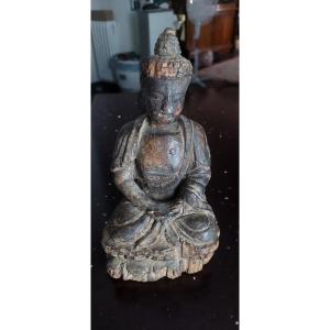 Antique Wooden Sculpture Of A Buddha, 18th Century, China, Qing Period