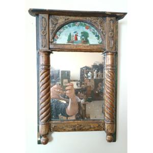 Petit Miroir Empire Ancien En Bois Doré Peint Sur Verre