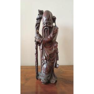 Early 20th Century Chinese Wooden Sculpture - Wise Man - Height 42 Cm