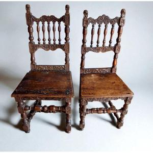 Rare Pair Of Carved Chairs, Italian Manufacture From The 17th Century