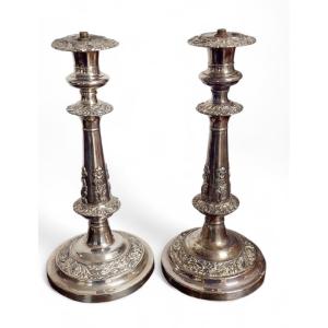bougeoirs anciens, paire de bougeoirs en métal argenté du début des années 1900