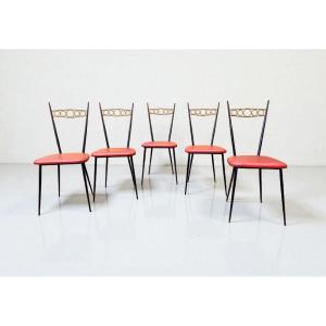 Groupe de 5 chaises design des années 50/60,   Ferro avec dossier en laiton,