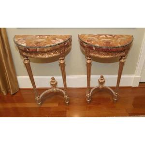 Pair Of Small Gilded Wooden Console Tables In Louis XVI Style, Late 19th Century, Napoleon III