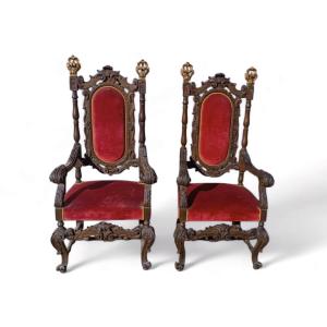 Pair Of Antique Armchairs, Carved In Walnut