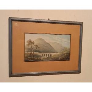 Antique Watercolor On Paper, Early 19th Century - Landscape With Aqueduct, Aqueduct Bridge