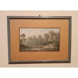 Antique Watercolor On Paper, Early 19th Century - Landscape With Aqueduct, Aqueduct Bridge