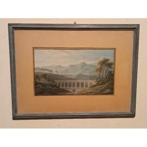 Antique Watercolor On Paper From The Early 19th Century - Landscape With Aqueduct, Aqueduct Bri