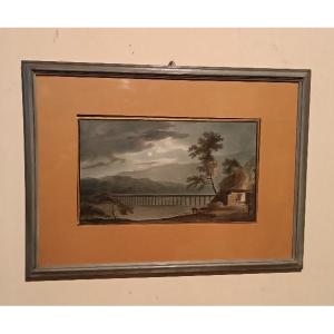 Antique Watercolor On Paper From The Early 19th Century - Landscape With Aqueduct, Bridge