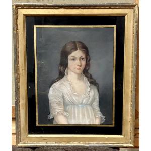 Antique Pastel Portrait On Canvas Of A Young Noblewoman, Signed And Dated 1899 On The Back, Gol
