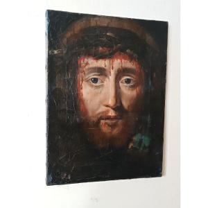 Antique Oil On Canvas "the Holy Face Of Jesus Christ" Ecce Homo