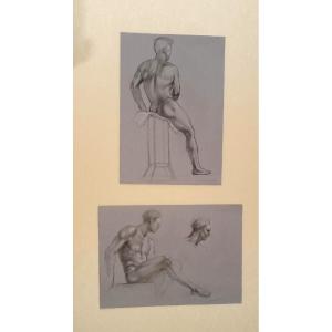 2 Pencil Drawings On Paper, Mid-20th Century - Male Nudes
