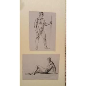2 Pencil Drawings On Paper, Mid-20th Century - Male Nudes