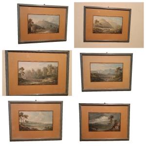 Six aquarelles anciennes sur papier du début du XIXe siècle – paysages avec aqueduc et pont